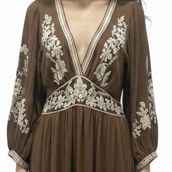 Max Studio Flowy Maxi Dress Brown White Floral Embroidery Festival Bohemian M - Picture 4 of 9